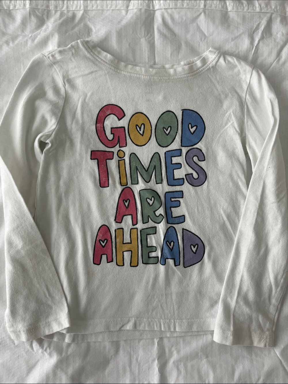 GAP White Long-Sleeve Tee with Multicolor 'Good Times Are Ahead' Graphic